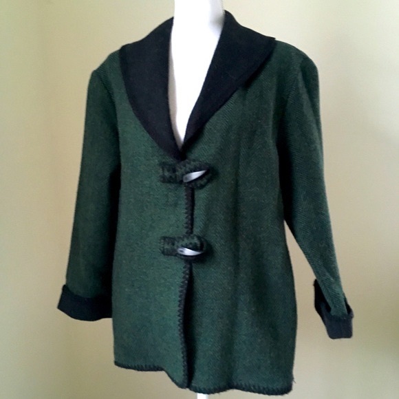 Vintage green herringbone Shawl-collar boiled wool jacket toggle closure - Picture 1 of 9